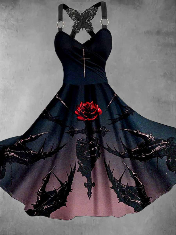 Gothic Floral Art Print Vintage V-Neck Butterfly Cross-Wrap Midi Dress