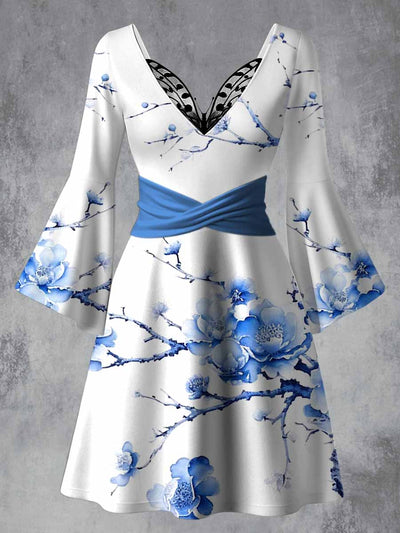 Retro Floral Art Printed Vintage Lace Butterfly Pleated Waist Long Sleeves Midi Dress