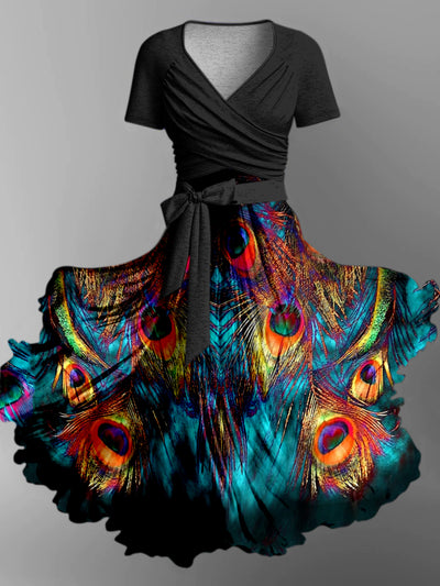 Retro Floral Art Printed Vintage Cross Fold Short Sleeve Two-Piece Midi Dress