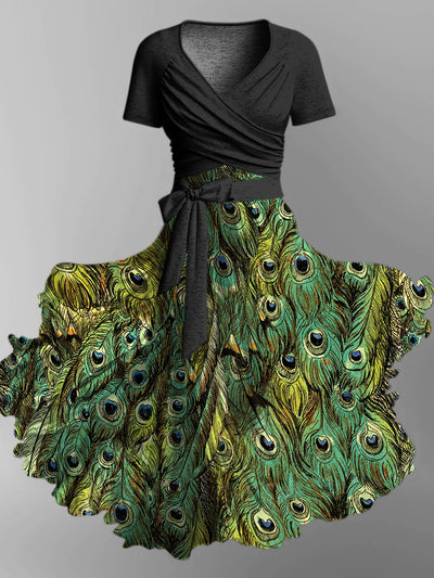 Retro Floral Art Printed Vintage Cross Fold Short Sleeve Two-Piece Midi Dress