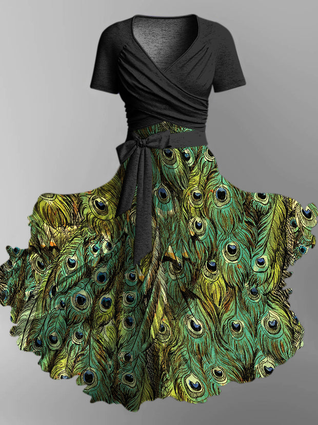 Retro Floral Art Printed Vintage Cross Fold Short Sleeve Two-Piece Midi Dress