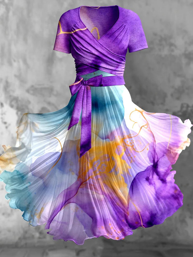 Retro Floral Art Printed Vintage Cross Fold Short Sleeve Two-Piece Midi Dress