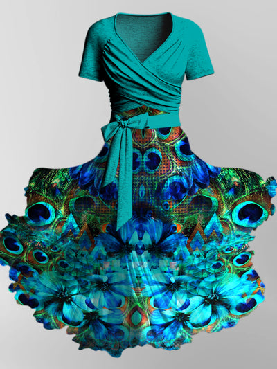 Retro Floral Art Printed Vintage Cross Fold Short Sleeve Two-Piece Midi Dress
