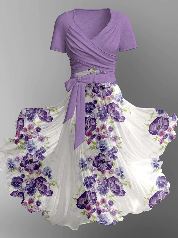 Retro Floral Art Printed Vintage Cross Fold Short Sleeve Two-Piece Midi Dress