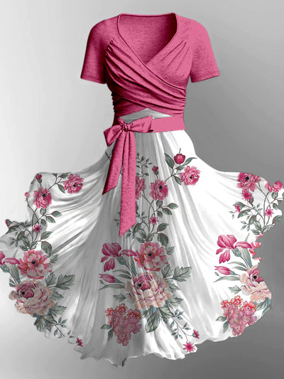 Retro Floral Art Printed Vintage Cross Fold Short Sleeve Two-Piece Midi Dress
