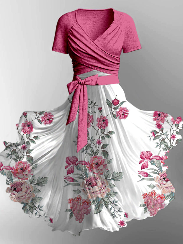 Retro Floral Art Printed Vintage Cross Fold Short Sleeve Two-Piece Midi Dress