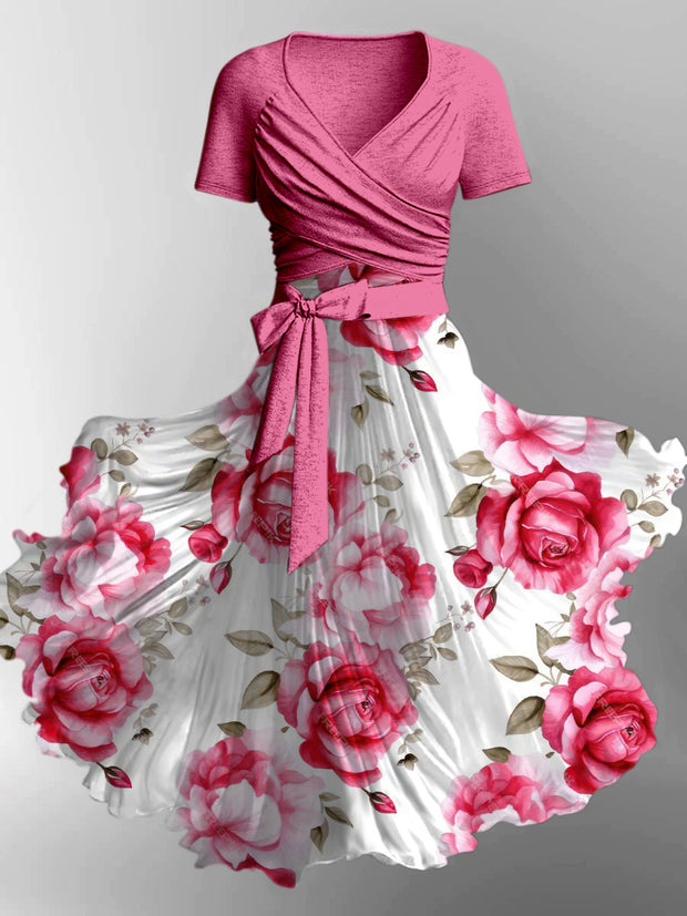 Retro Floral Art Printed Vintage Cross Fold Short Sleeve Two-Piece Midi Dress