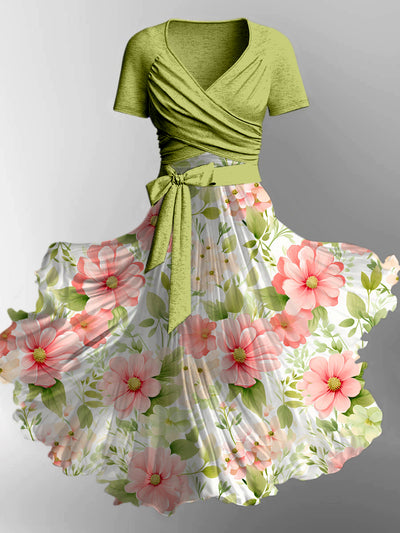 Retro Floral Art Printed Vintage Cross Fold Short Sleeve Two-Piece Midi Dress