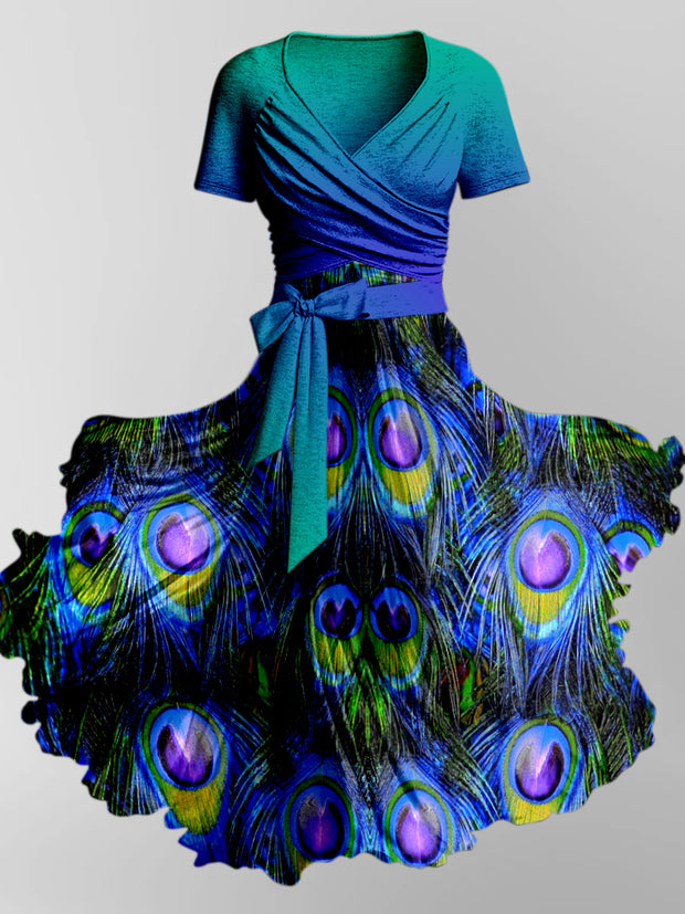 Retro Floral Art Printed Vintage Cross Fold Short Sleeve Two-Piece Midi Dress