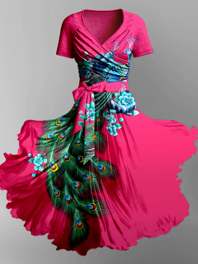 Retro Floral Art Printed Vintage Cross Fold Short Sleeve Two-Piece Midi Dress