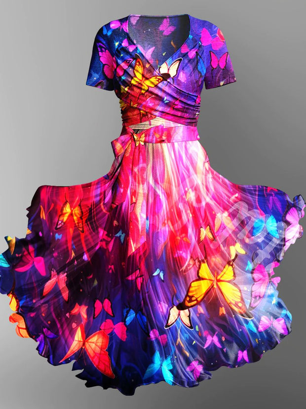 Retro Floral Art Printed Vintage Cross Fold Short Sleeve Two-Piece Midi Dress