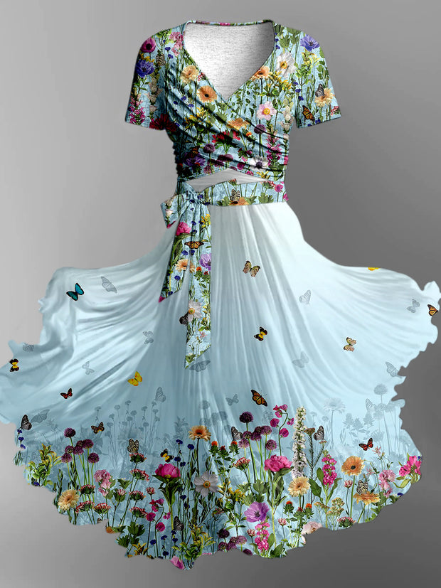 Retro Floral Art Printed Vintage Cross Fold Short Sleeve Two-Piece Midi Dress