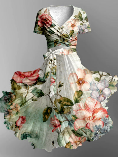 Retro Floral Art Printed Vintage Cross Fold Short Sleeve Two-Piece Midi Dress