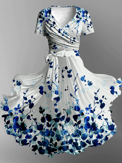 Retro Floral Art Printed Vintage Cross Fold Short Sleeve Two-Piece Midi Dress
