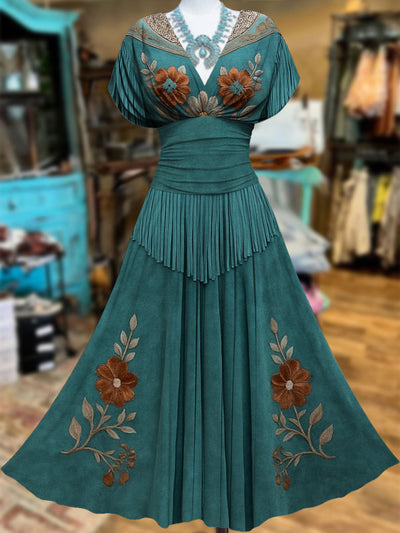 Retro Suede Fringes Floral Carved Art Printed Elegant V-Neck Vintage Batwing Short Sleeve Maxi Dress