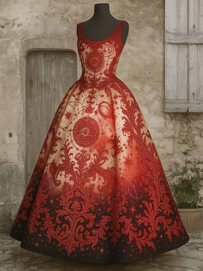 Retro Gothic Floral Art Print Vintage V-Neck Sleeveless Cotton Maxi Dress