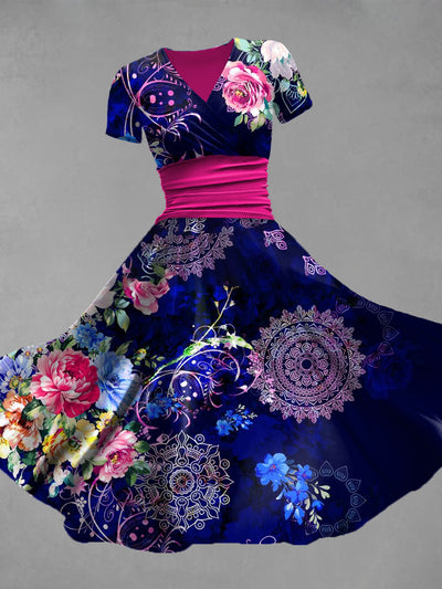 Retro Floral Art Printed Vintage V-Neck Pleated Waist Short Sleeve Midi Dress
