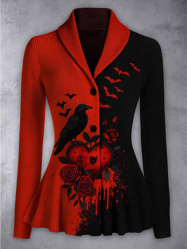 Gothic Crow Art Print Vintage Lapel V-Neck Long Sleeve Button-up Cardigan Top