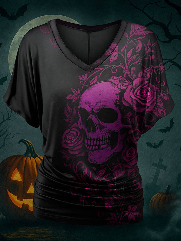 Retro Happy Halloween Floral Printed Vintage Lapel V-Neck Vintage Relaxed Loose Batwing Sleeve Top