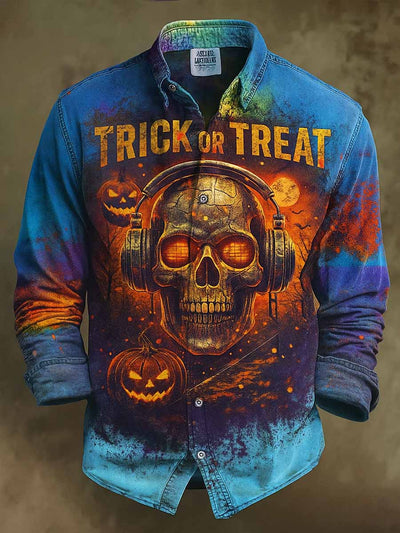 Retro Halloween Gothic Art Abstract Printed Cotton Vintage Casual Cotton Long Sleeve Shirt