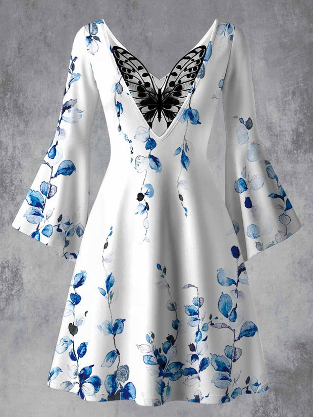 Retro Floral Art Printed Vintage Lace Butterfly Pleated Waist Long Sleeves Midi Dress
