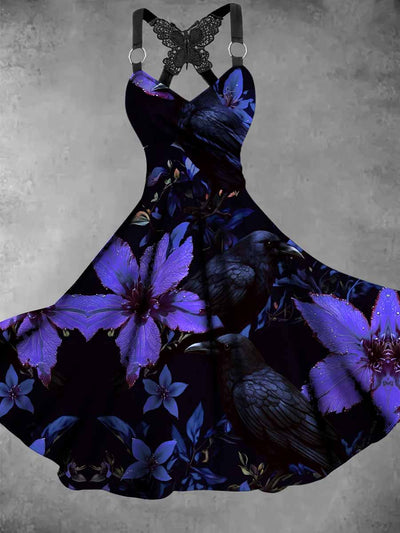 Gothic Crow Art Print Vintage V-Neck Butterfly Cross-Wrap Midi Dress