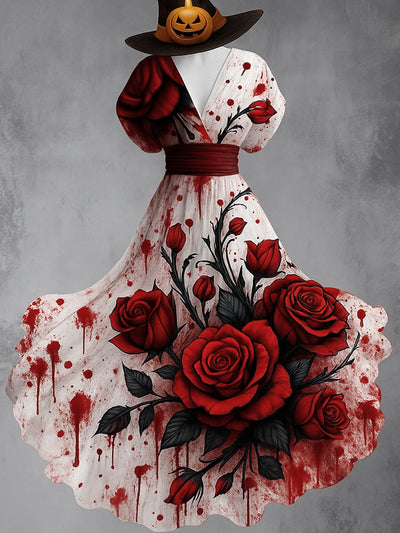 Retro Skull Gothic Floral Art Printed Elegant V-Neck Vintage Short Sleeve Maxi Dress