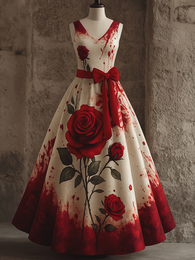 Retro Gothic Floral Art Print V-Neck Sleeveless Cotton Maxi Dress