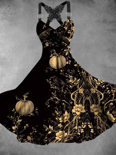 Halloween Gothic Art Print Vintage V-Neck Butterfly Cross-Wrap Midi Dress