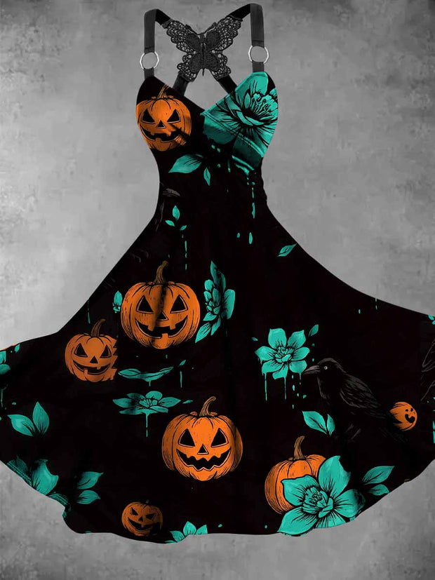 Retro Halloween Gothic Art Printed Vintage V-Neck Pleated Butterfly Cross-Wrap Midi Dress