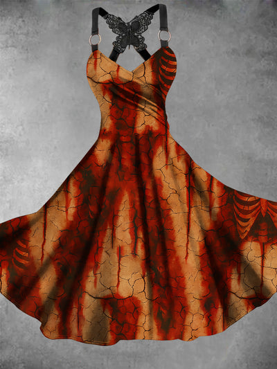 Retro Halloween Gothic Floral Art Printed Vintage V-Neck Pleated Butterfly Cross-Wrap Midi Dress