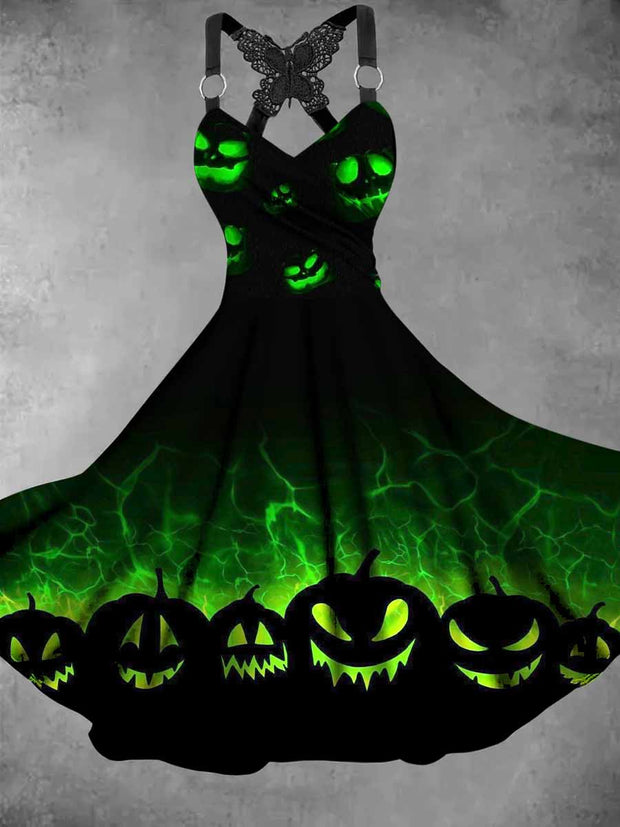 Retro Halloween Gothic Art Printed Vintage V-Neck Pleated Butterfly Cross-Wrap Midi Dress