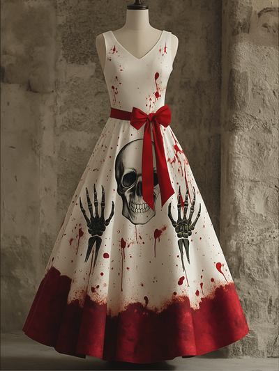 Retro Gothic Floral Art Print V-Neck Sleeveless Cotton Maxi Dress