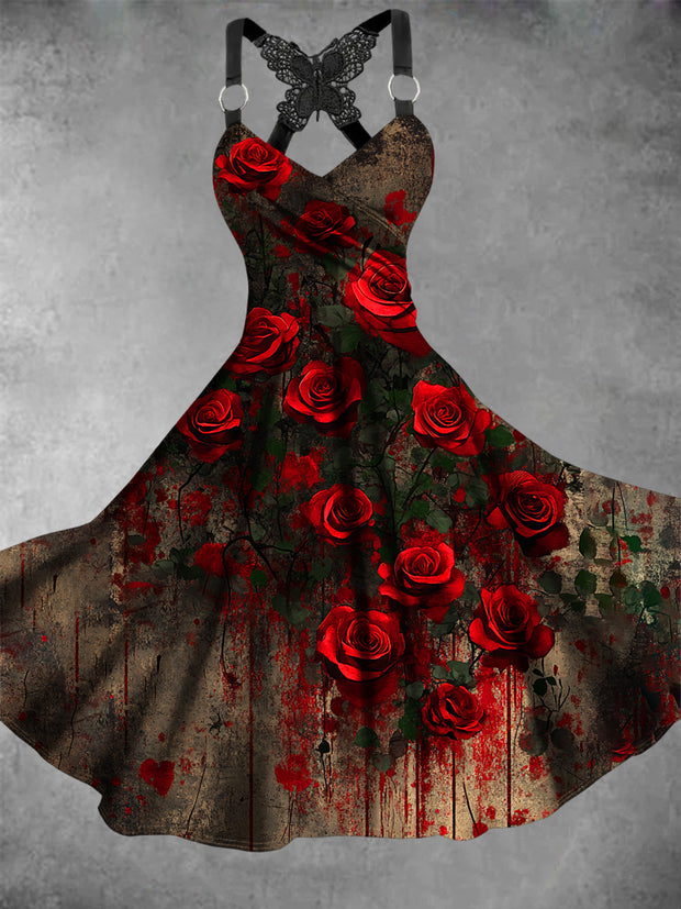 Retro Halloween Gothic Floral Art Printed Vintage V-Neck Pleated Butterfly Cross-Wrap Midi Dress