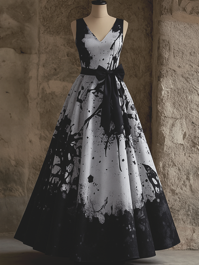 Retro Gothic Floral Art Print V-Neck Sleeveless Cotton Maxi Dress
