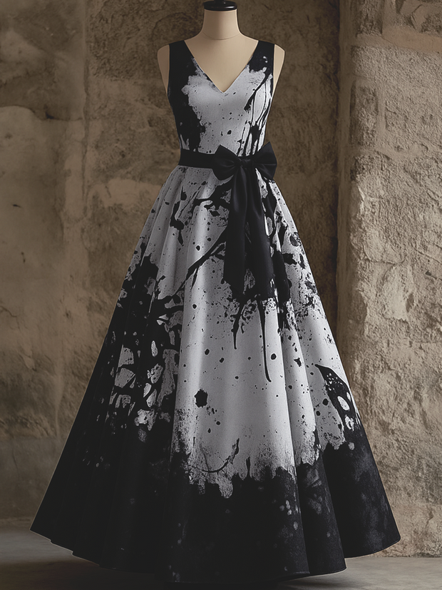 Retro Gothic Floral Art Print V-Neck Sleeveless Cotton Maxi Dress