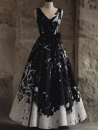Retro Gothic Floral Art Print V-Neck Sleeveless Cotton Maxi Dress