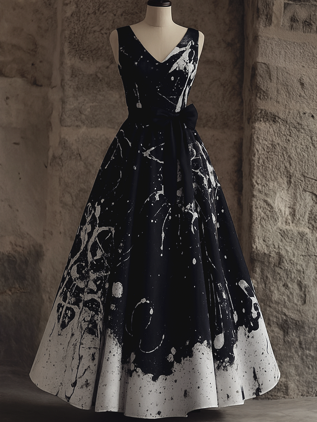 Retro Gothic Floral Art Print V-Neck Sleeveless Cotton Maxi Dress