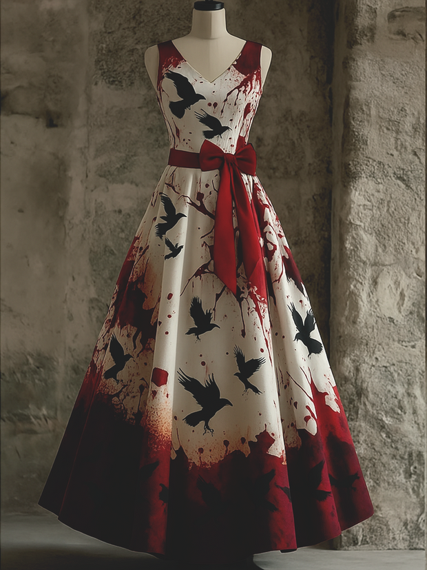 Retro Gothic Floral Art Print V-Neck Sleeveless Cotton Maxi Dress