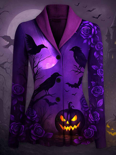 Gothic Crow Art Print Vintage Lapel V-Neck Long Sleeve Button up Cardigan Top