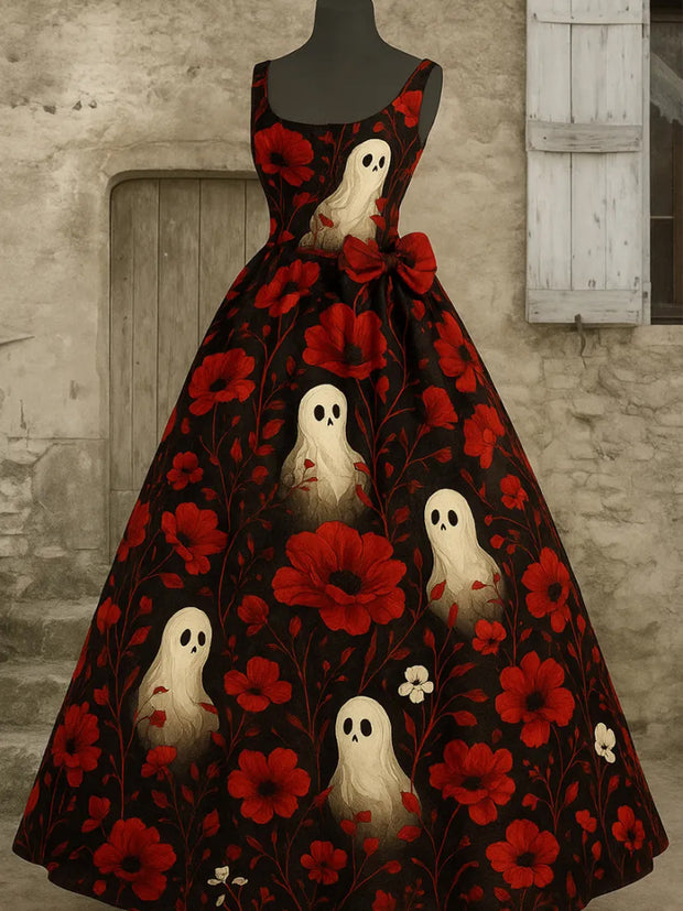 Retro Gothic Floral Art Print V-Neck Sleeveless Cotton Maxi Dress