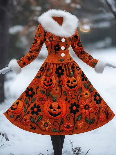 Halloween Gothic Floral Art Printed Vintage Elegant Furry Fur Collar Long Sleeve Midi Dress