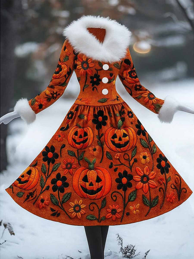 Halloween Gothic Floral Art Printed Vintage Elegant Furry Fur Collar Long Sleeve Midi Dress