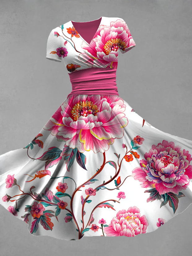 Retro Floral Art Printed Vintage V-Neck Pleated Waist Short Sleeve Midi Dress