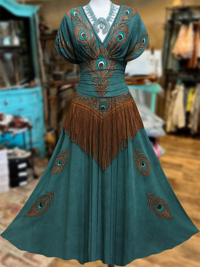 Retro Suede Fringes Floral Carved Art Printed Elegant V-Neck Vintage Batwing Short Sleeve Maxi Dress