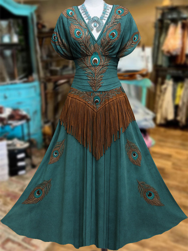 Retro Suede Fringes Floral Carved Art Printed Elegant V-Neck Vintage Batwing Short Sleeve Maxi Dress