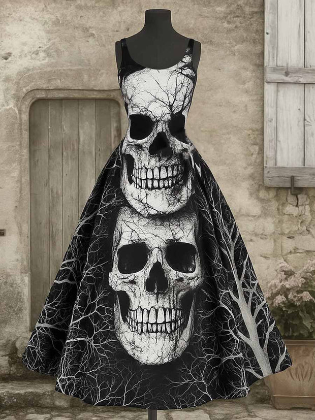 Gothic Skull Art Print Vintage Round Neck Sleeveless Maxi Dress