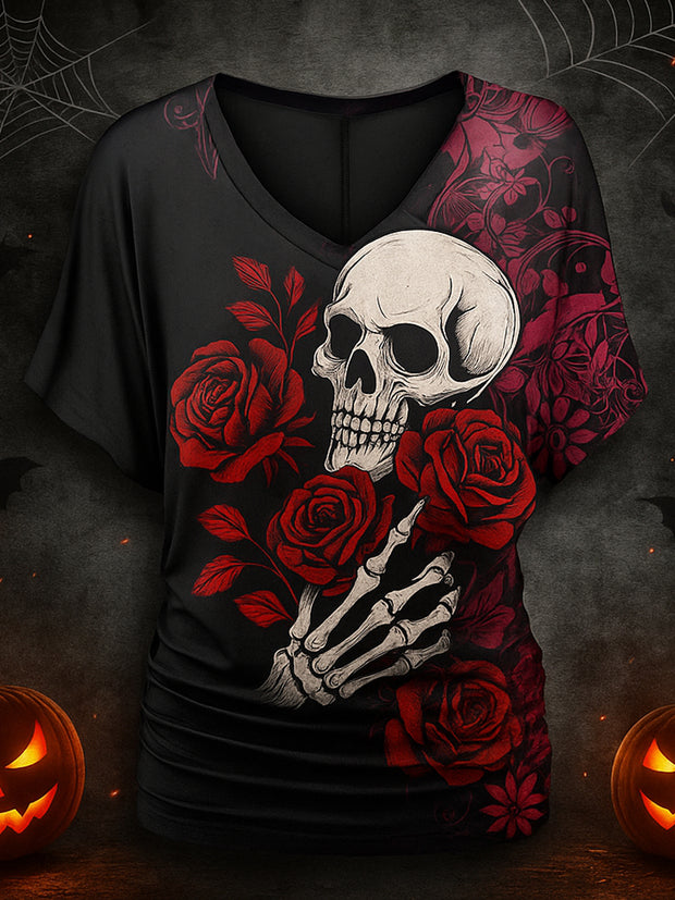 Retro Happy Halloween Floral Printed Vintage Lapel V-Neck Vintage Relaxed Loose Batwing Sleeve Top