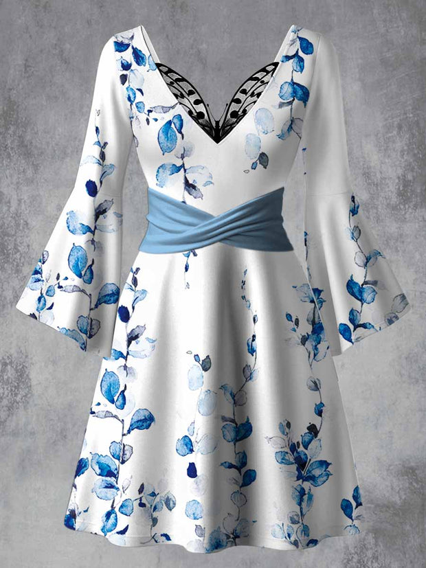 Retro Floral Art Printed Vintage Lace Butterfly Pleated Waist Long Sleeves Midi Dress