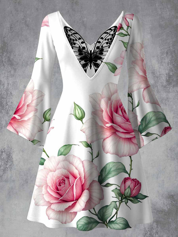 Retro Floral Art Printed Vintage Lace Butterfly Pleated Waist Long Sleeves Midi Dress